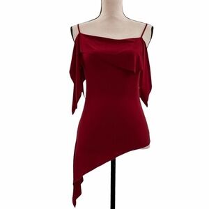 WEATHER Vane Solid Red Asymmetrical Cold Shoulder 3/4 Sleeve Tunic Blouse